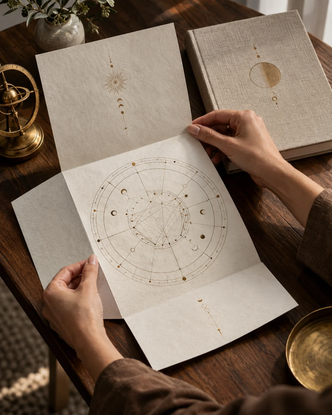 Hands unfolding a personal chart folio beside a linen book