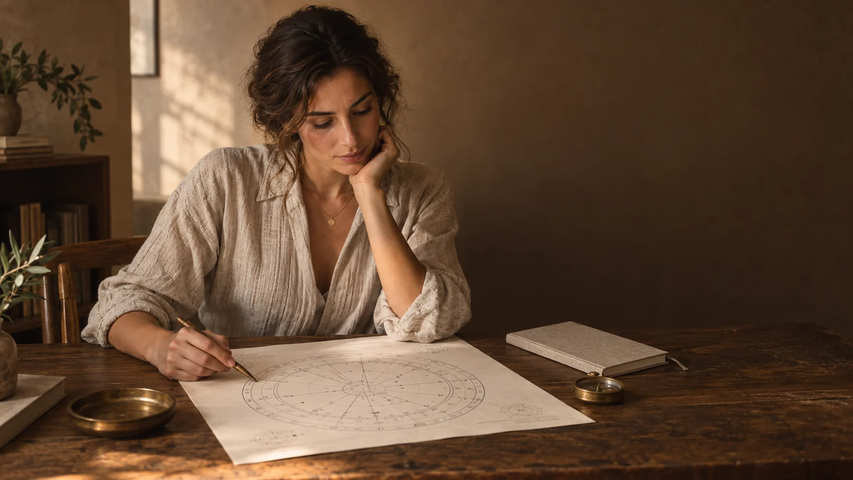 A woman studying a printed natal chart at a warm wooden desk